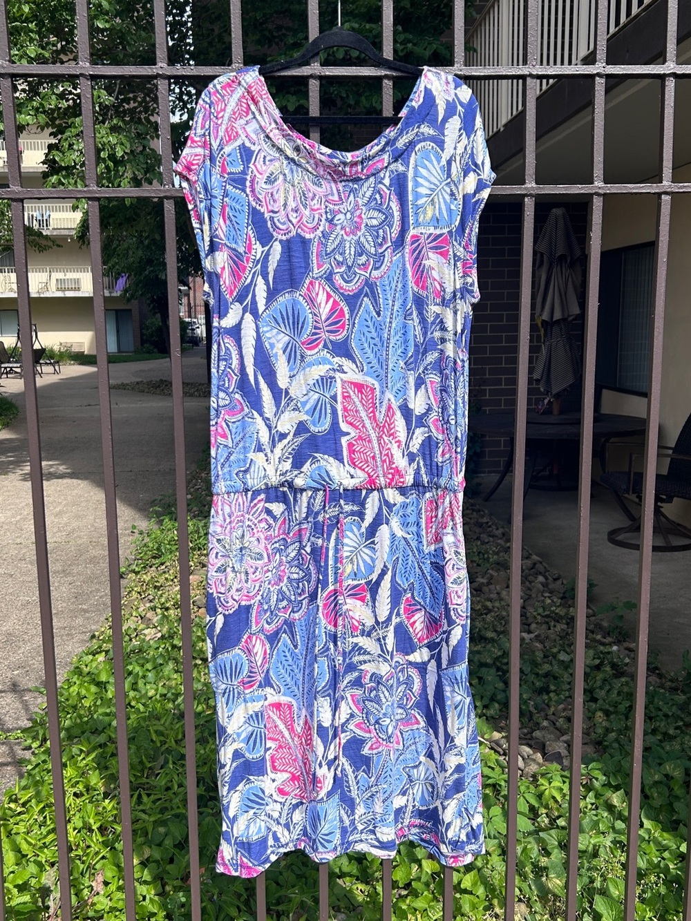 Talbots XLP Floral Maxi Dress | Drawstring Drop-Waist | Blue, Pink, Yellow